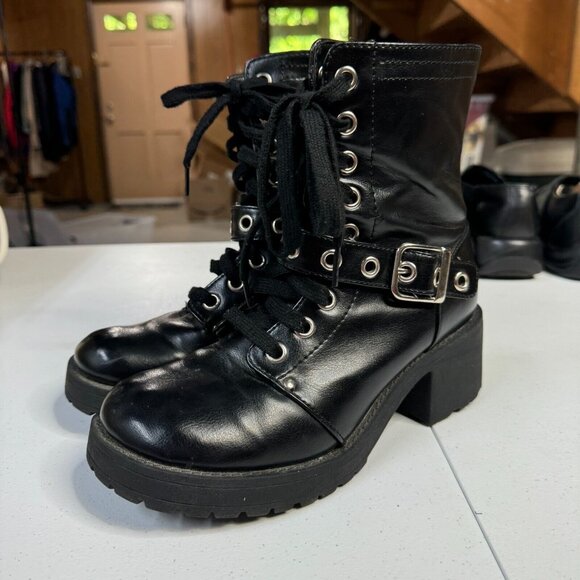No Boundaries Boots Womens 7 Black Biker Chunky VTG Y2K 90s Moto Pleather Combat - Picture 2 of 11